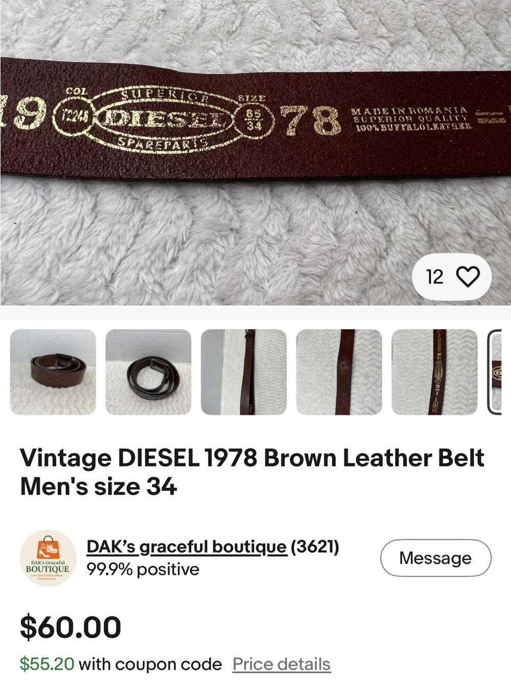 Diesel Brown Leather Belt with Gold Logo Print size 36